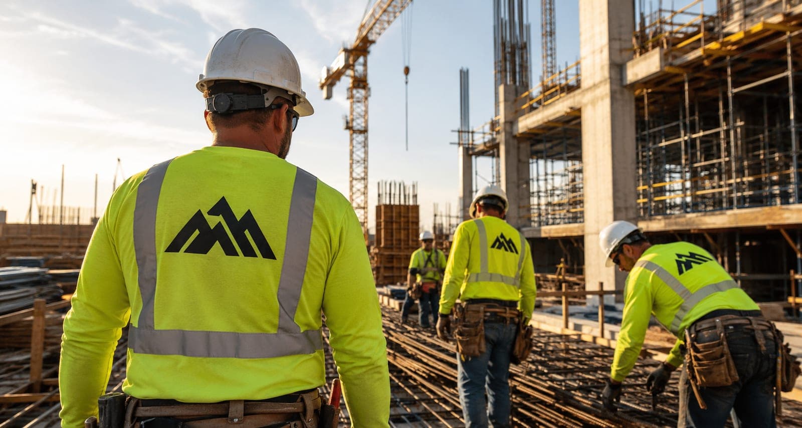 Construction crew on a job site wearing branded workwear and hi-vis gear