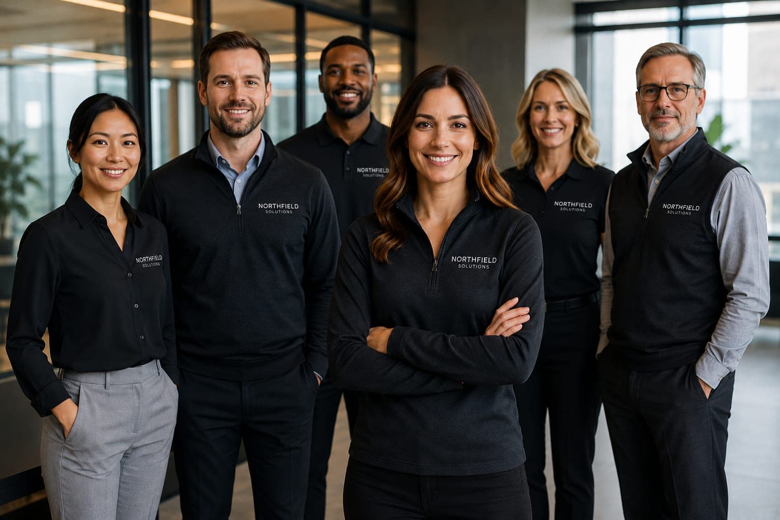 Corporate team in branded polos and onboarding apparel in a professional office setting