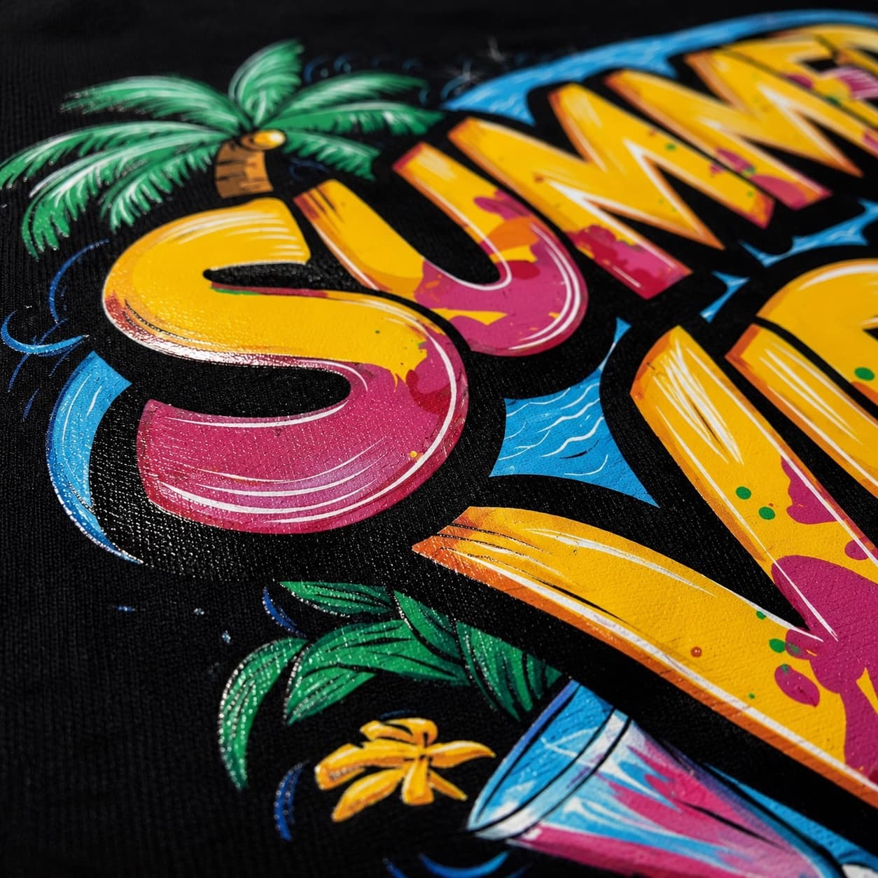 Close-up of a vibrant full-color DTF print on a black tee, tropical Summer Vibes design with palm trees, sun, and bright CMYK colors