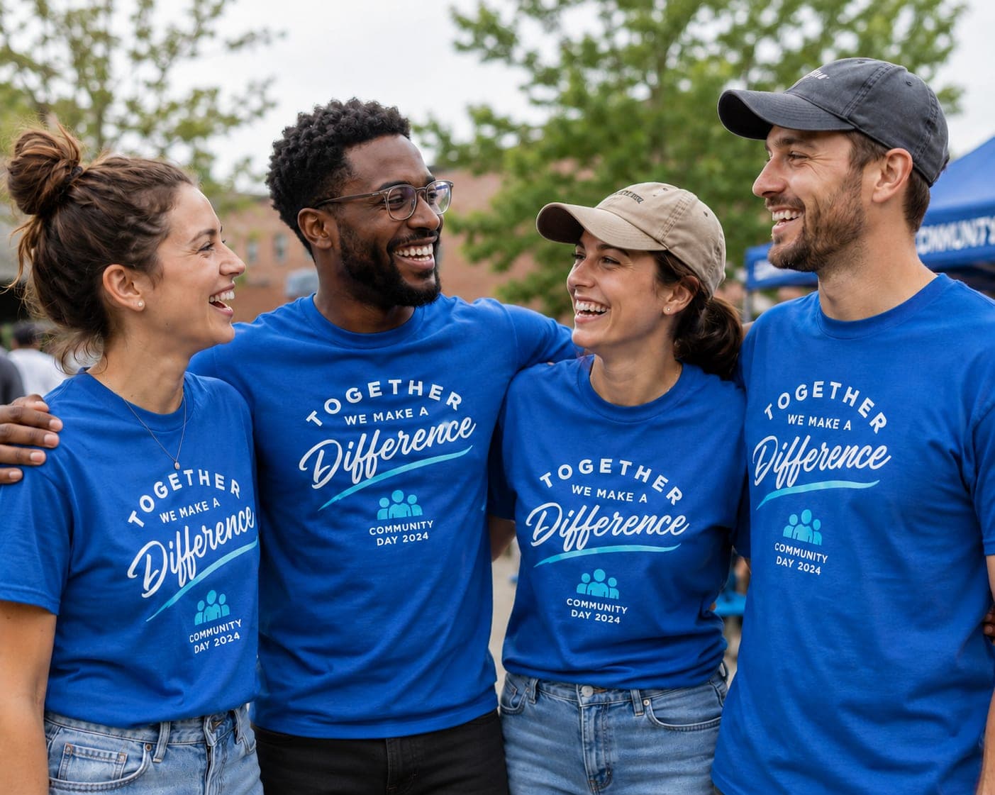 Four colleagues laughing together in matching blue Community Day 2024 screen-printed t-shirts