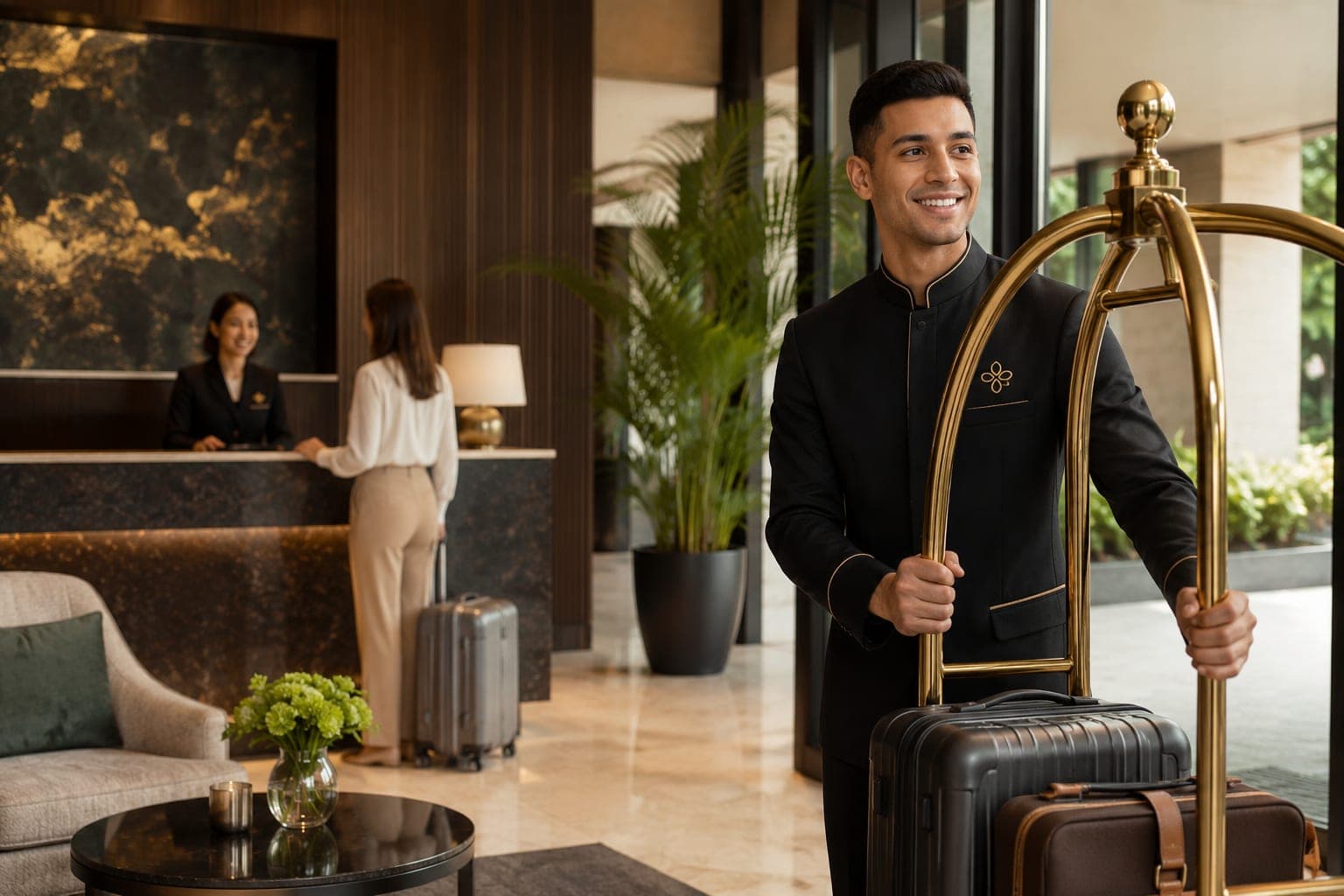 Hospitality staff in branded aprons and embroidered polos in a restaurant setting