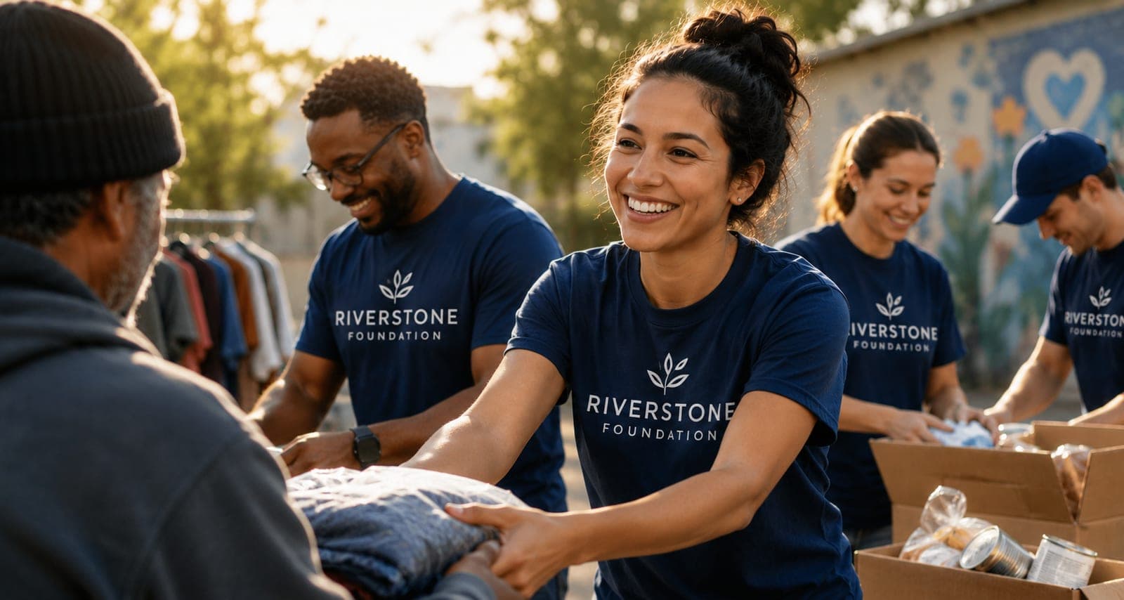 Nonprofit volunteers wearing matching event tees at a community gathering